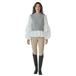 The Line of Style Women’s Mixed Media Small Gray Ribbed Puff Sleeve Knit Top GUC